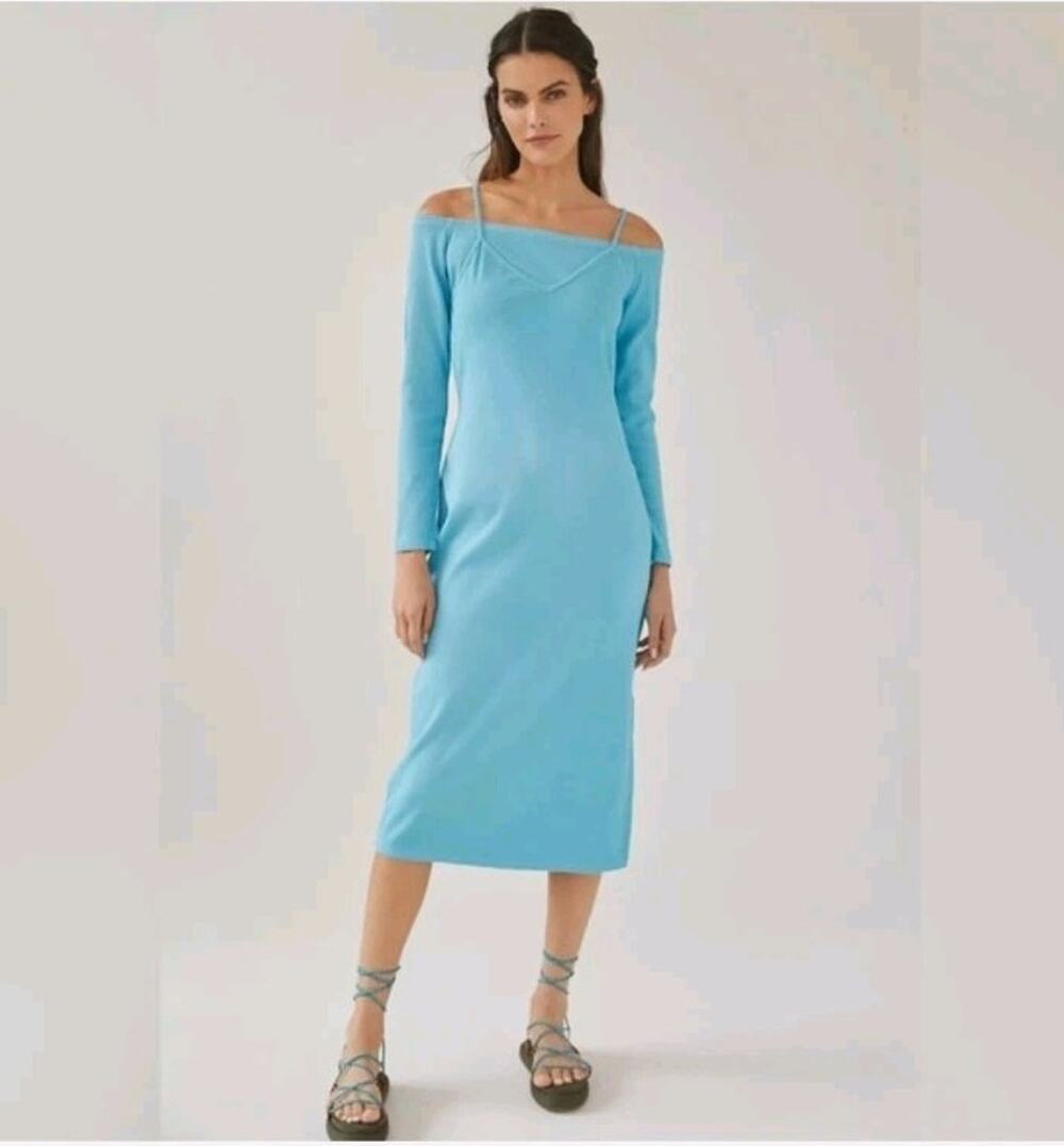New!! NWT Anthropologie Long Sleeve Midi‎ Dress S Y2K aqua Blue Minimalist Indie
